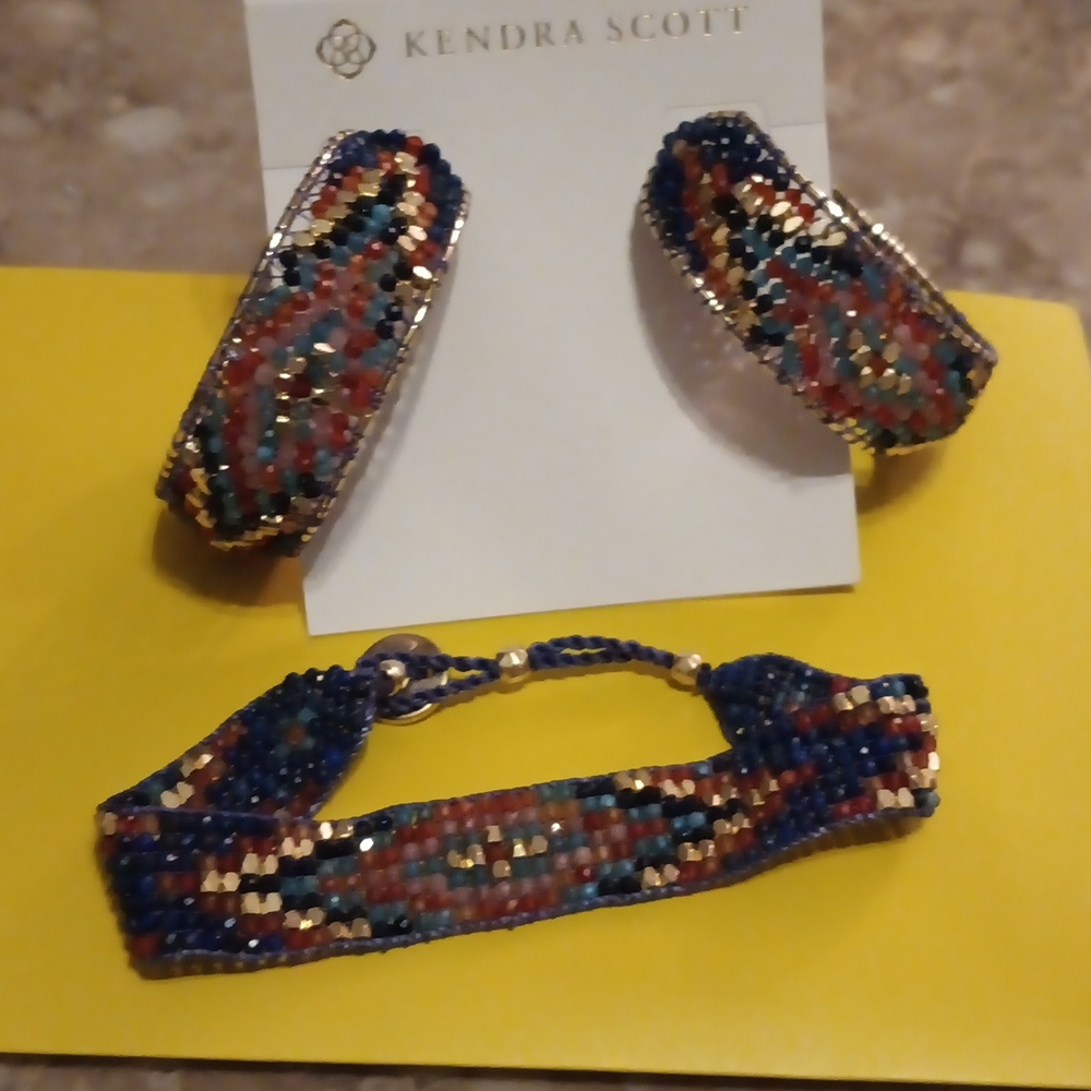 HTF- Kendra Scott Britt Hoop Earrings & Bracelet Set in blue multi colored mix